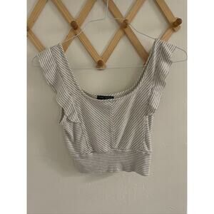 Final Touch Top Women's Medium Crop Tank Ruffle Sleeves White Gray Striped